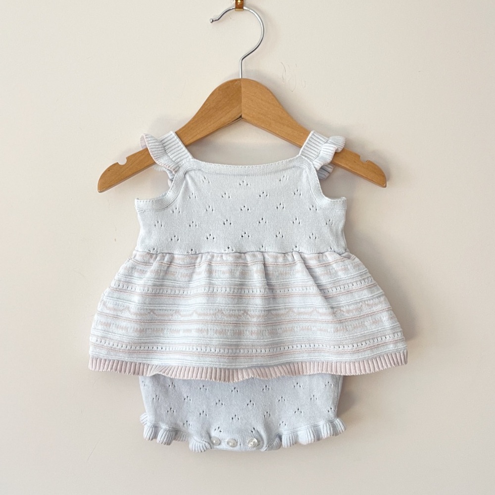 Soft Powder Blue & Blush Pink Heirloom Knit Pointelle Romper w/ Skirt Overlay
